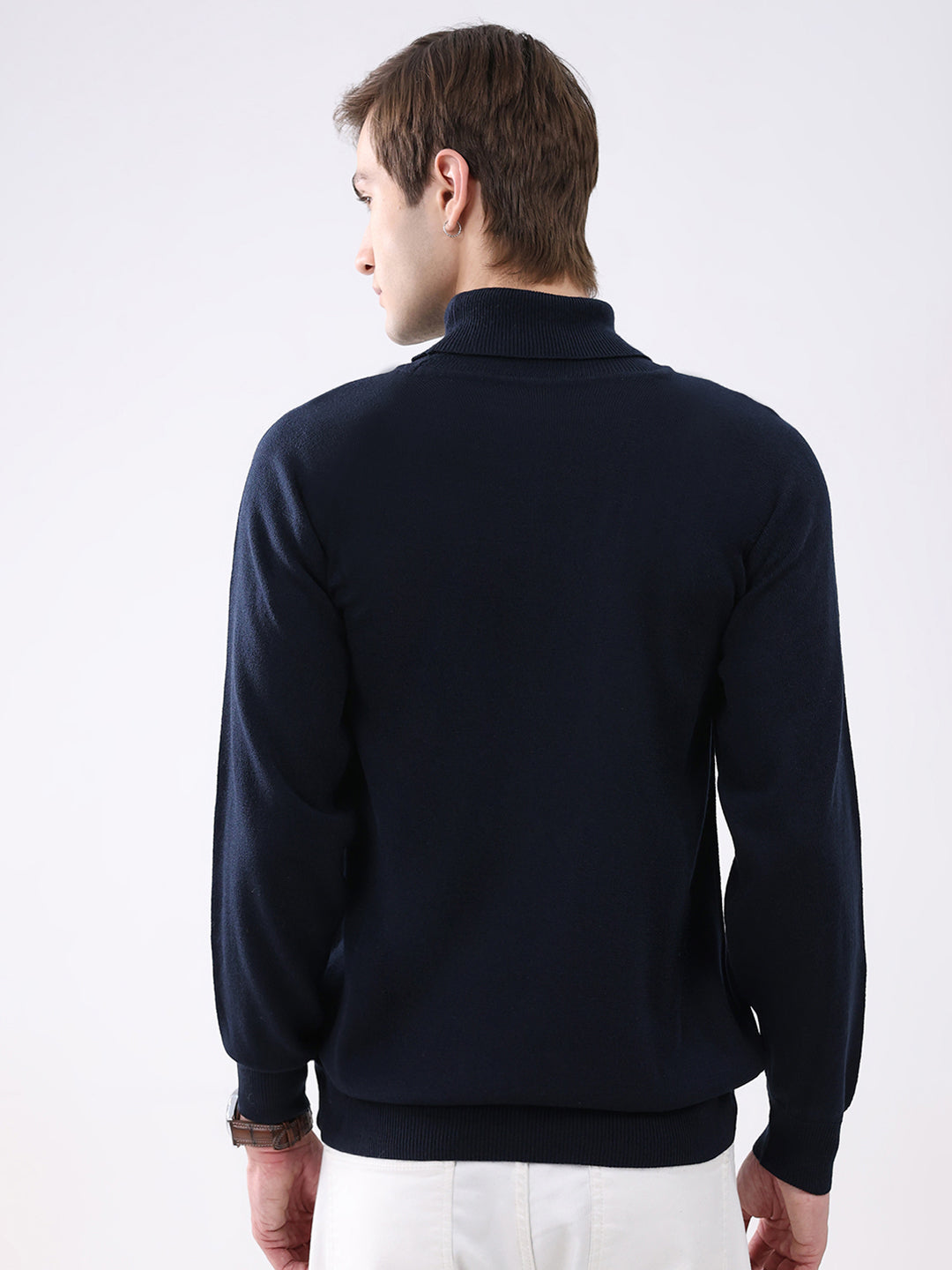 Men Navy Blue Solid Turtle Neck Full Sleeve Pullover
