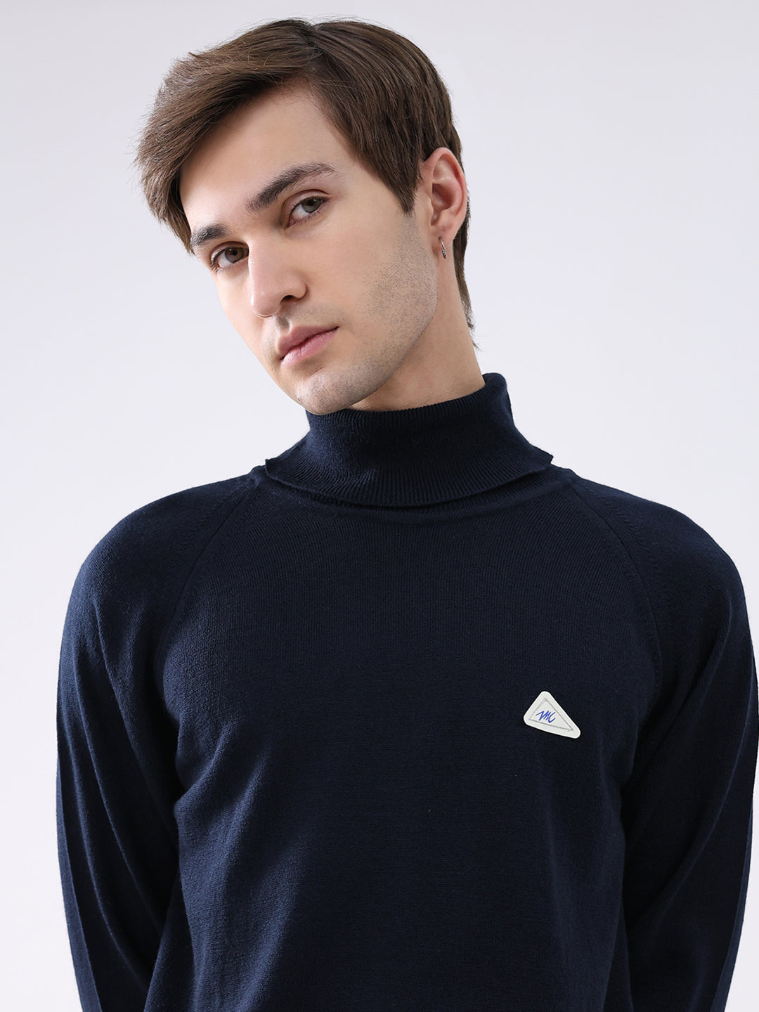 Men Navy Blue Solid Turtle Neck Full Sleeve Pullover