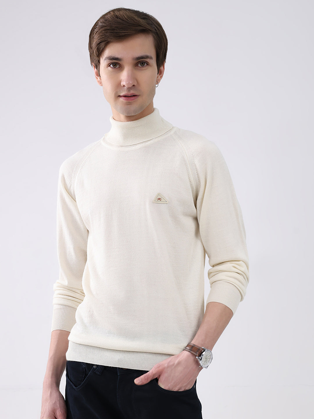 Men Cream Solid Turtle Neck Full Sleeve Pullover