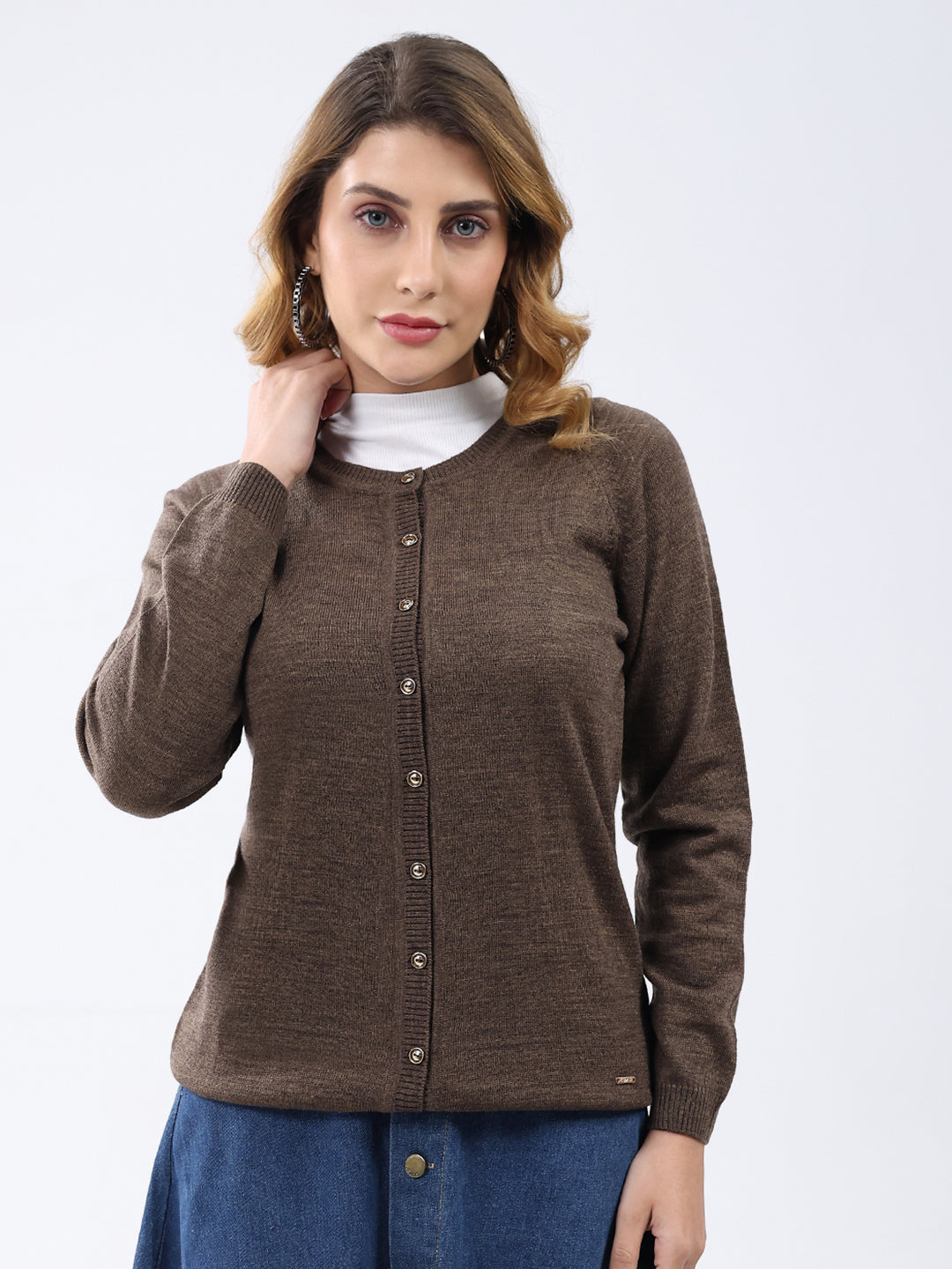 Women Brown Solid Round Neck Full Sleeve Cardigan