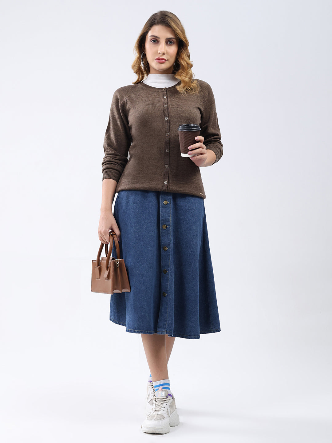 Women Brown Solid Round Neck Full Sleeve Cardigan