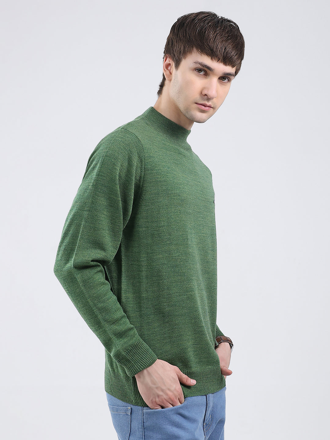 Men Green Solid Turtle Neck Full Sleeve Pullover