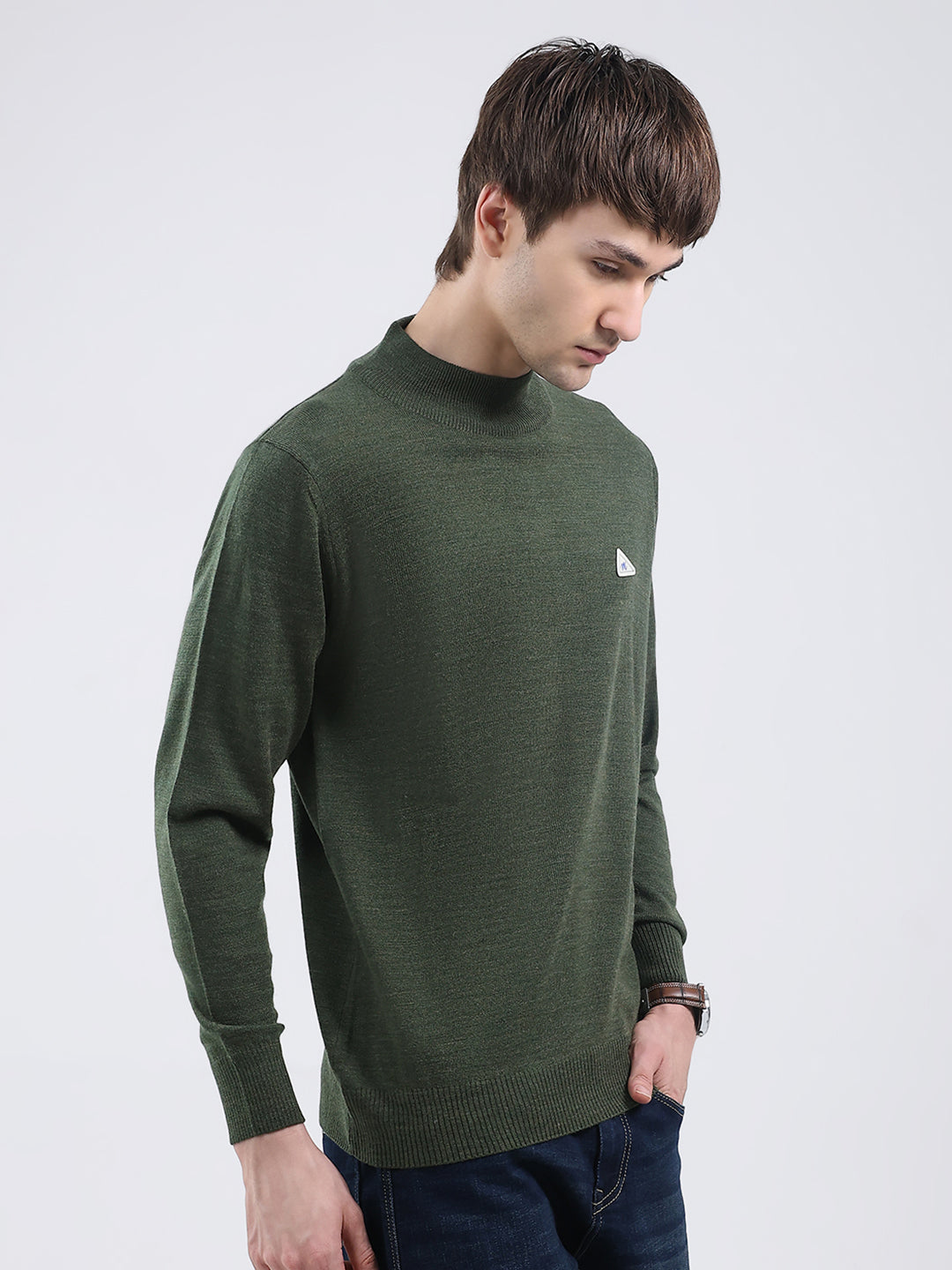 Men Green Solid Turtle Neck Full Sleeve Pullover