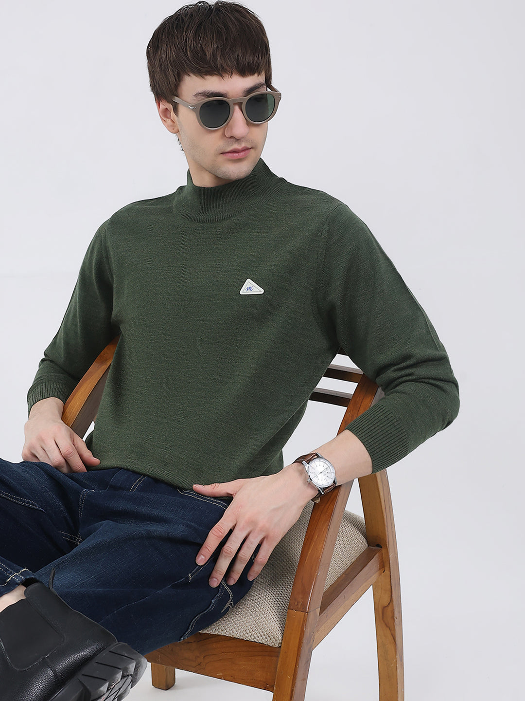 Men Green Solid Turtle Neck Full Sleeve Pullover