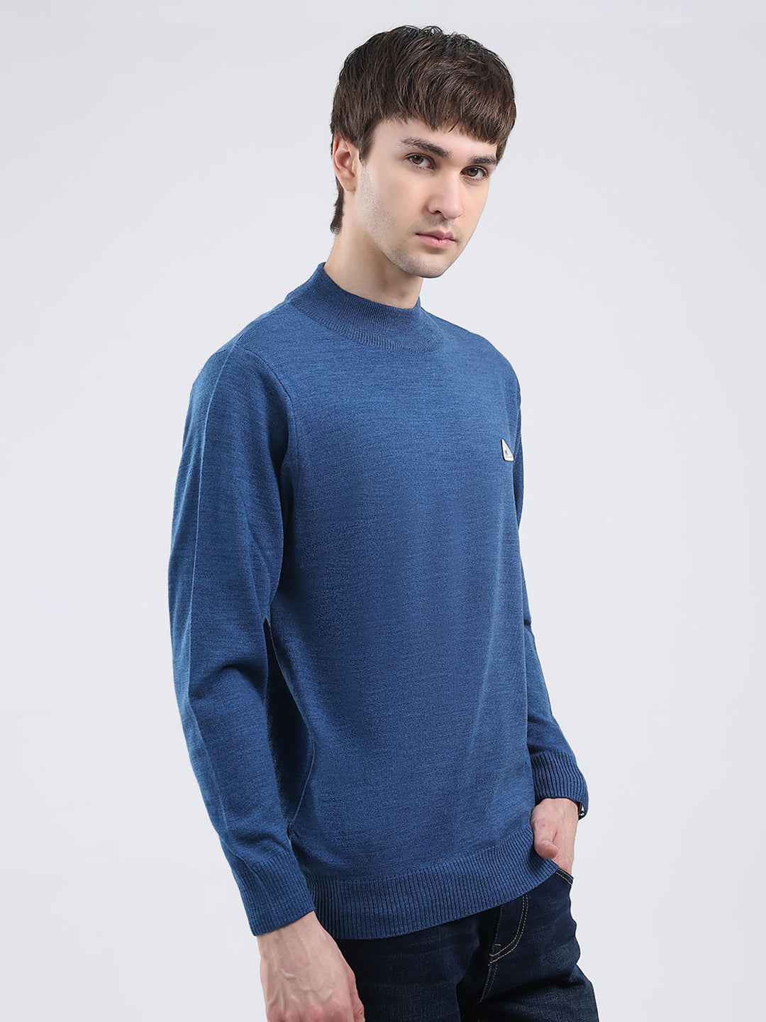 Men Blue Solid Turtle Neck Full Sleeve Pullover