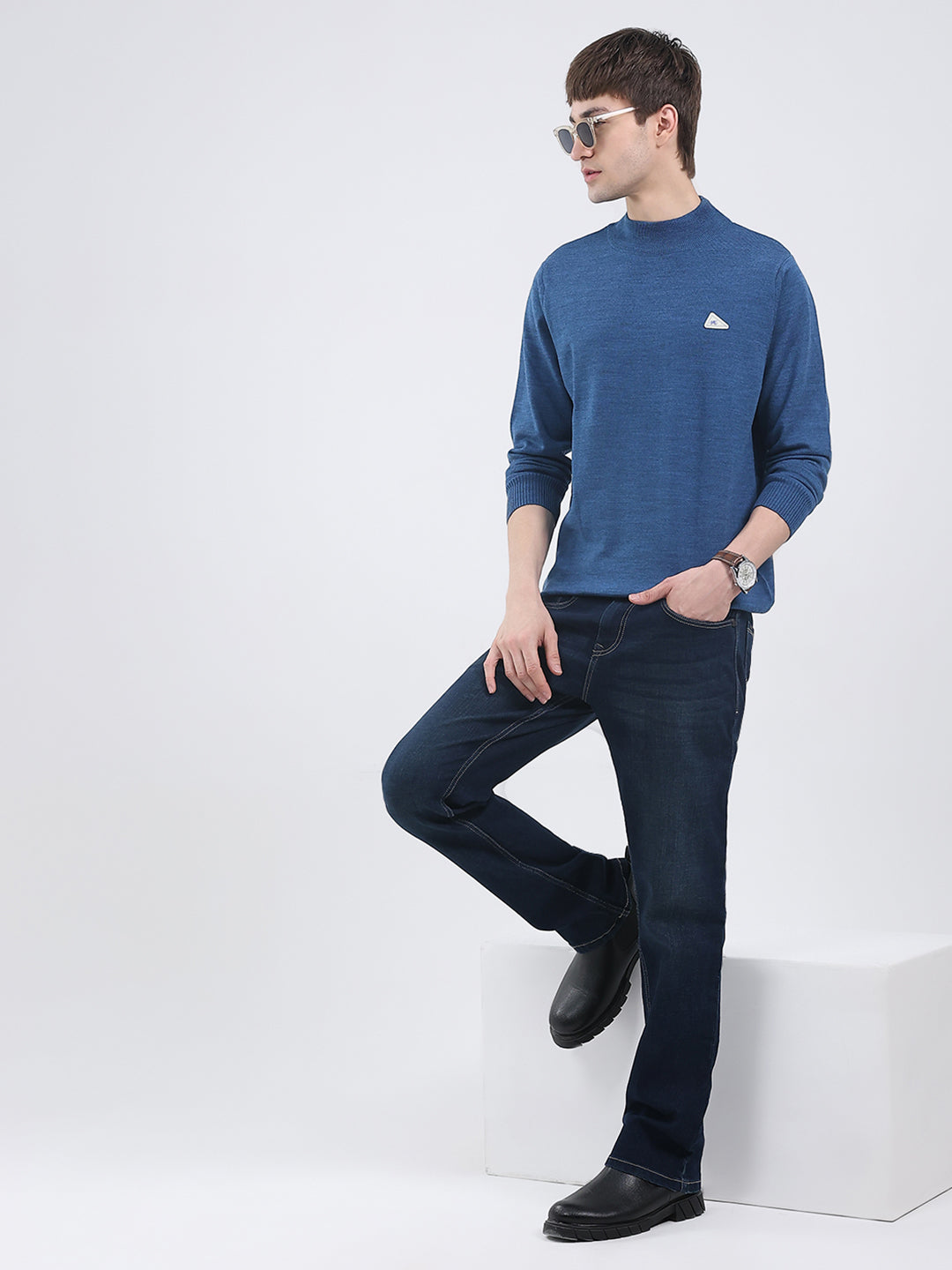 Men Blue Solid Turtle Neck Full Sleeve Pullover