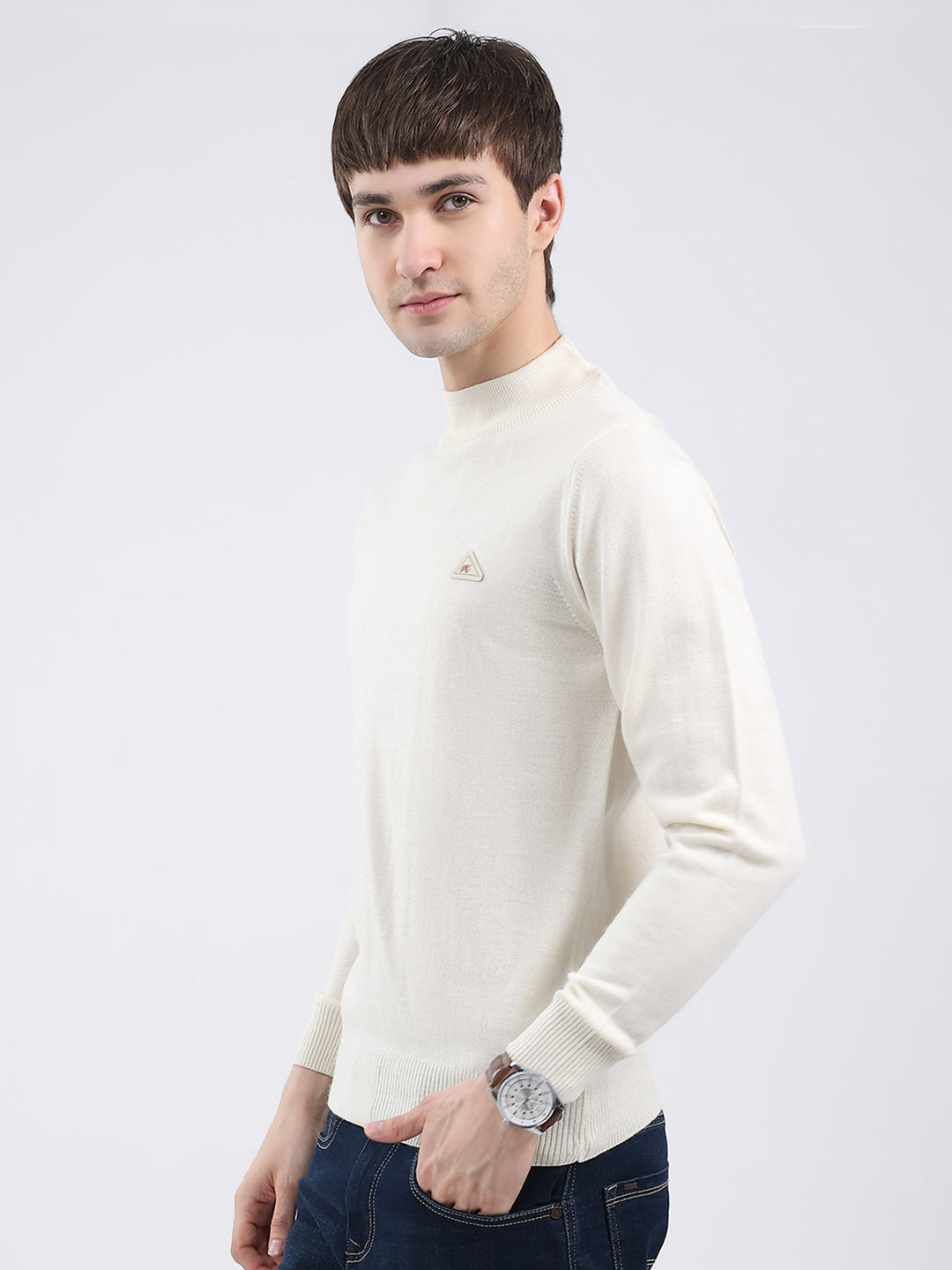 Men Cream Solid Turtle Neck Full Sleeve Pullover