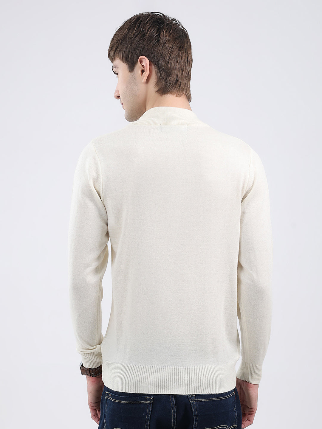 Men Cream Solid Turtle Neck Full Sleeve Pullover