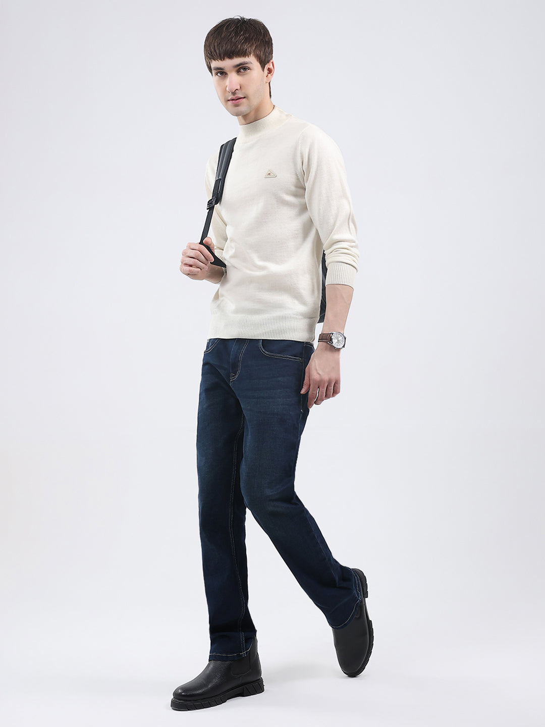 Men Cream Solid Turtle Neck Full Sleeve Pullover