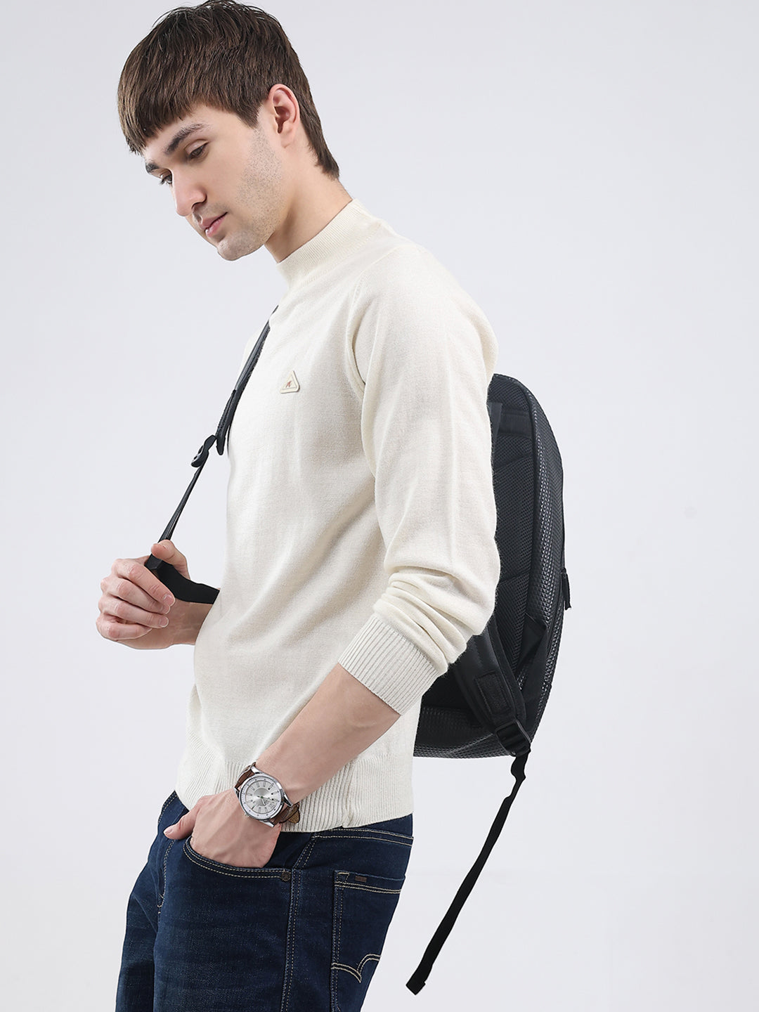 Men Cream Solid Turtle Neck Full Sleeve Pullover