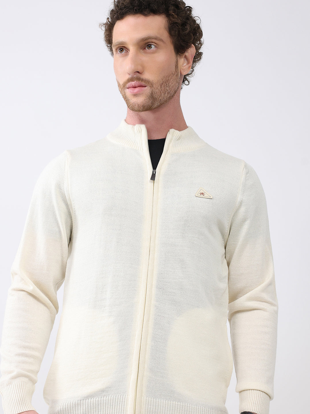 Men Cream Solid Mock Neck Full Sleeve Pullover