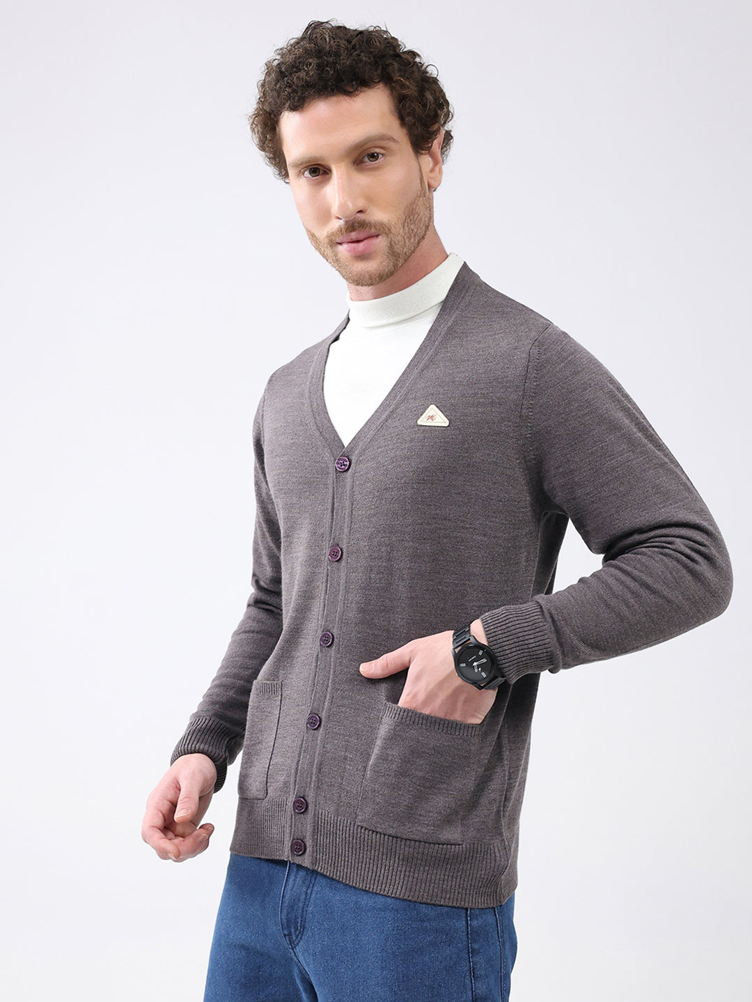 Men Charcoal Solid V Neck Full Sleeve Cardigan