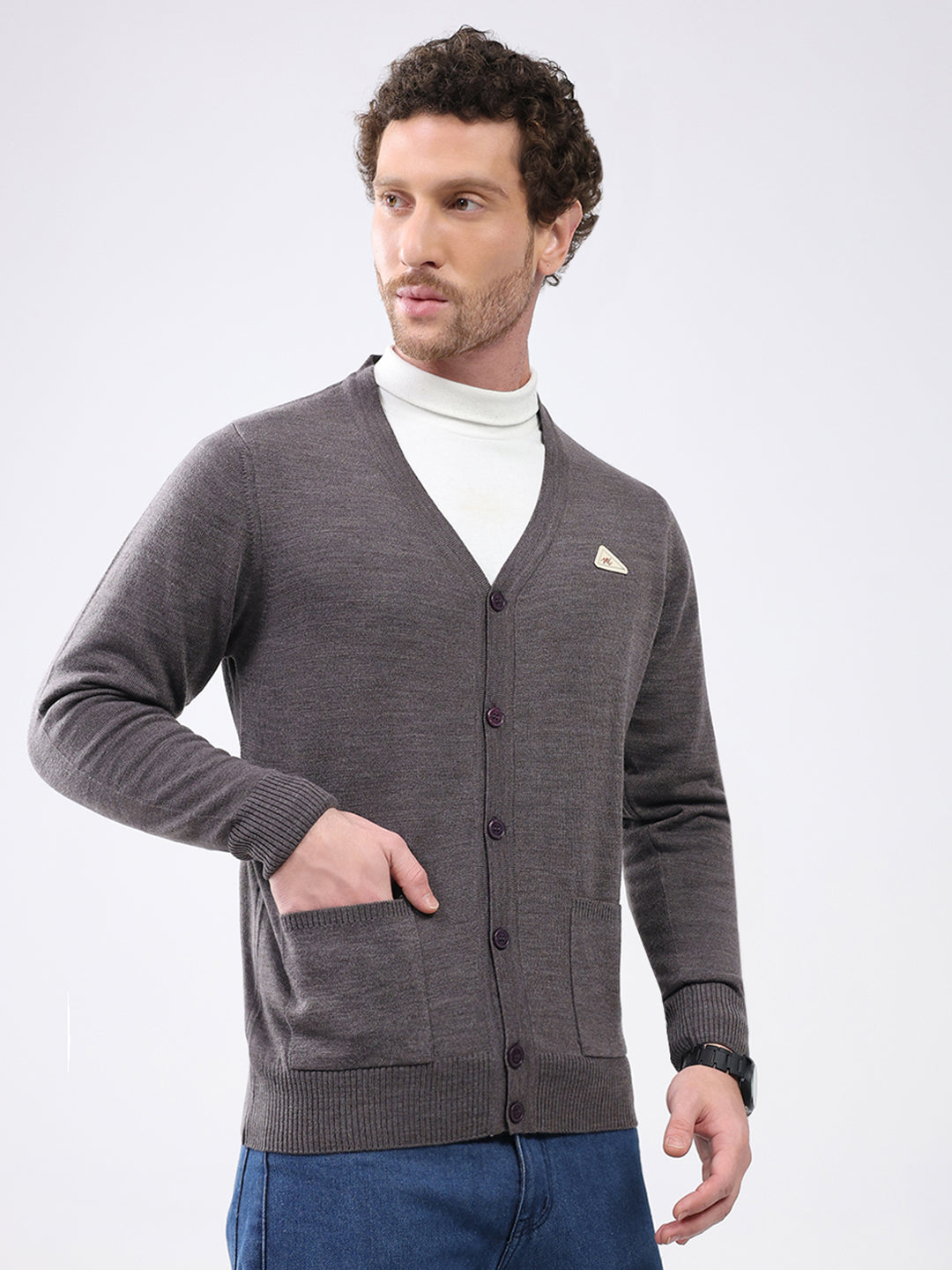 Men Charcoal Solid V Neck Full Sleeve Cardigan
