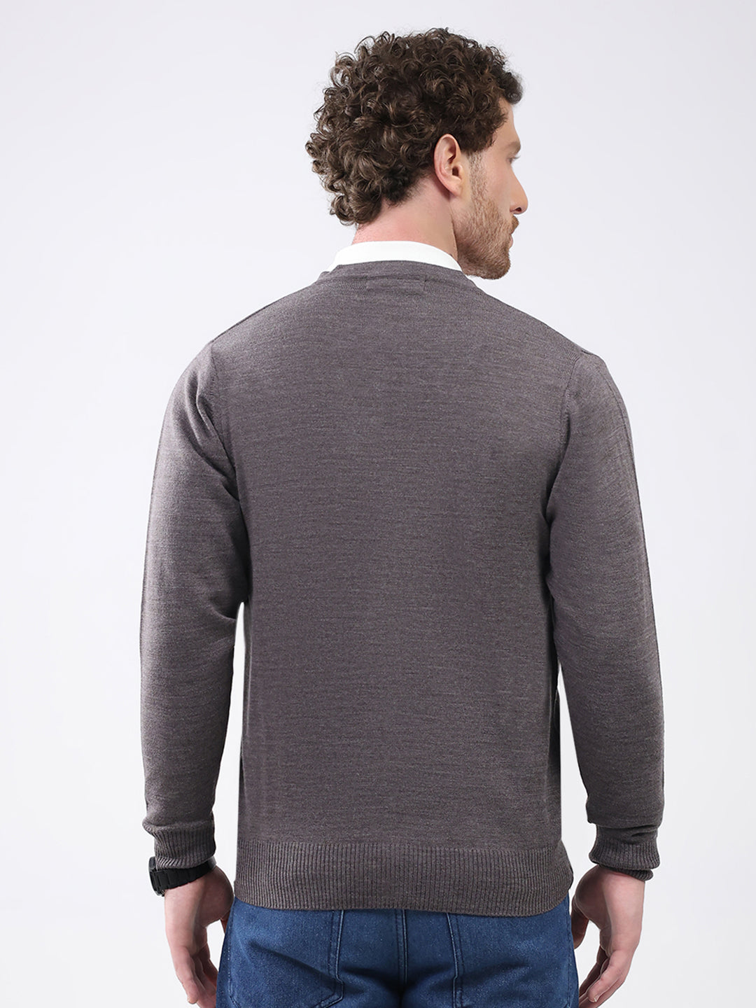 Men Charcoal Solid V Neck Full Sleeve Cardigan