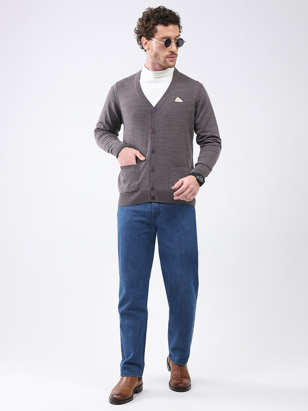 Men Charcoal Solid V Neck Full Sleeve Cardigan