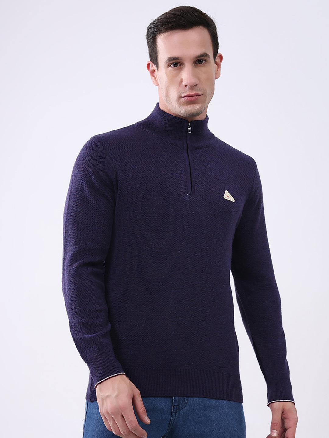 Men Purple Solid Mock Neck Full Sleeve Pullover