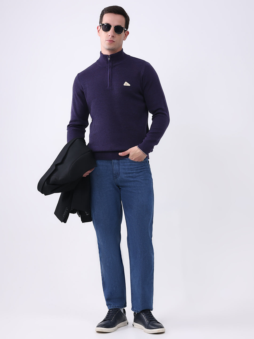 Men Purple Solid Mock Neck Full Sleeve Pullover