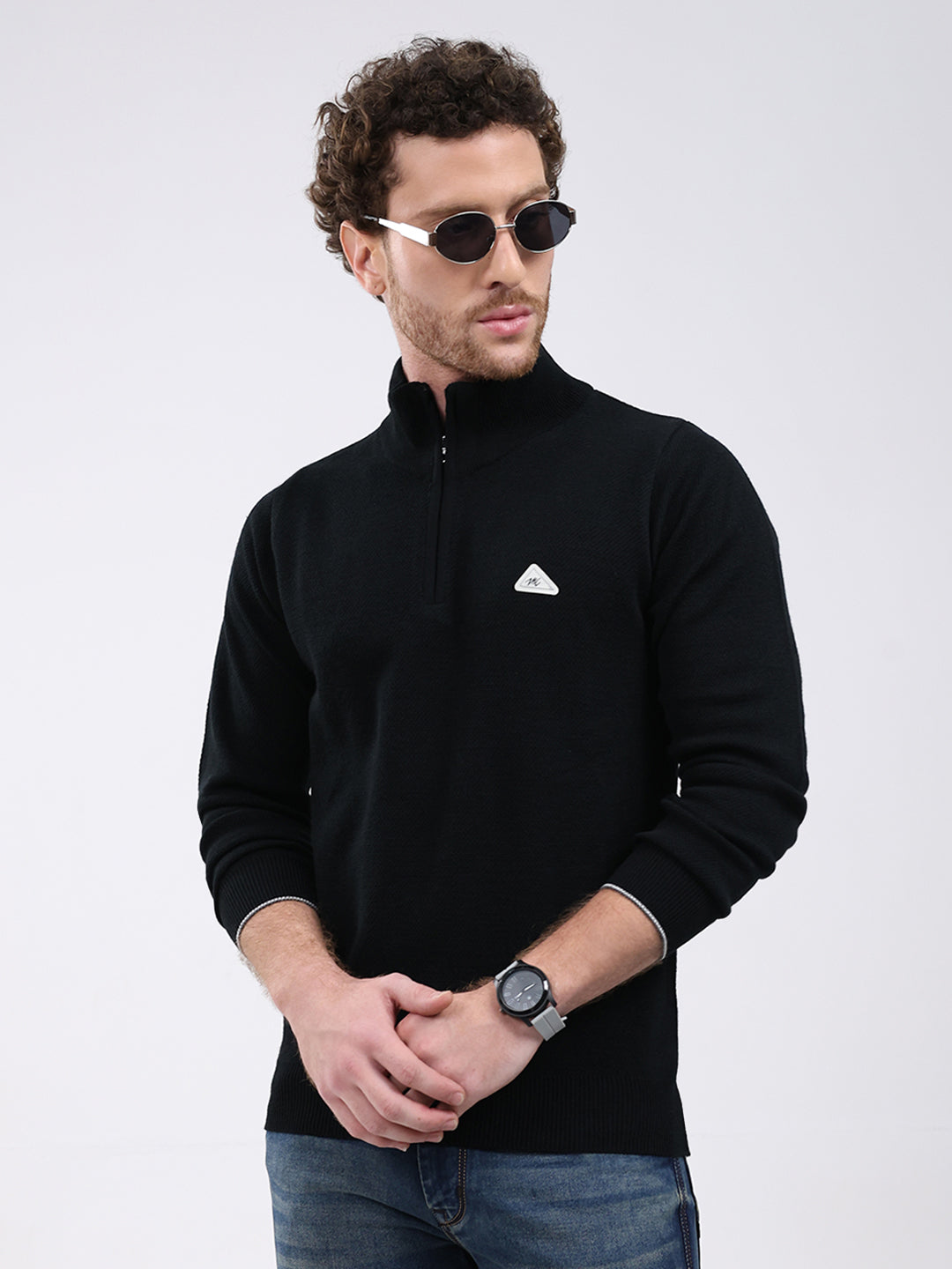 Men Black Solid Mock Neck Full Sleeve Pullover