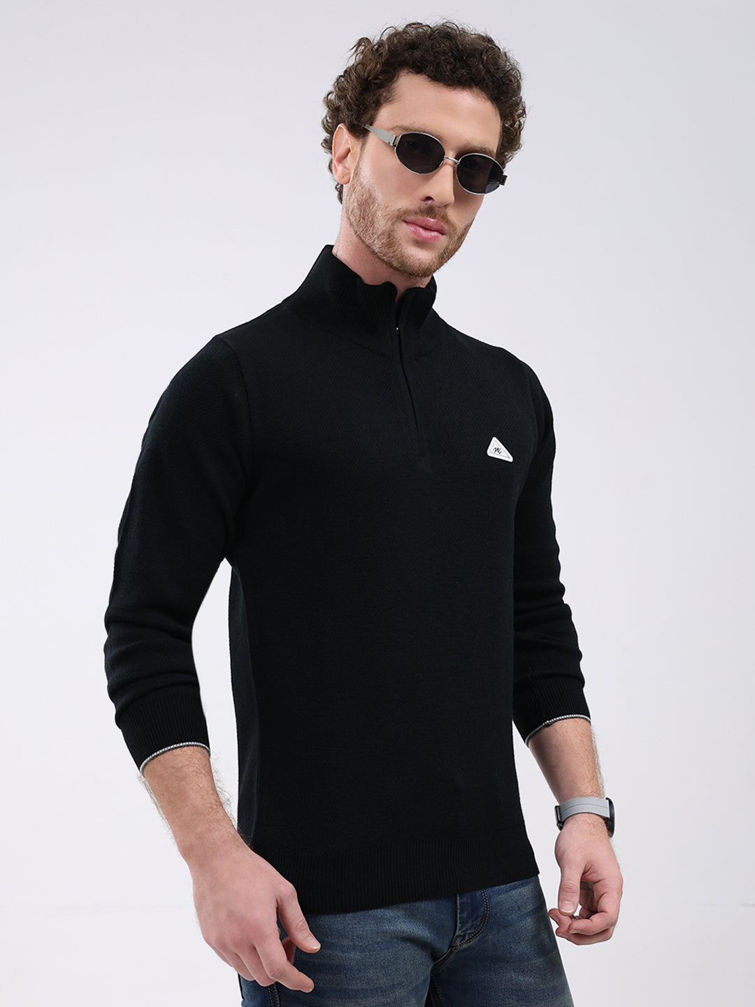 Men Black Solid Mock Neck Full Sleeve Pullover