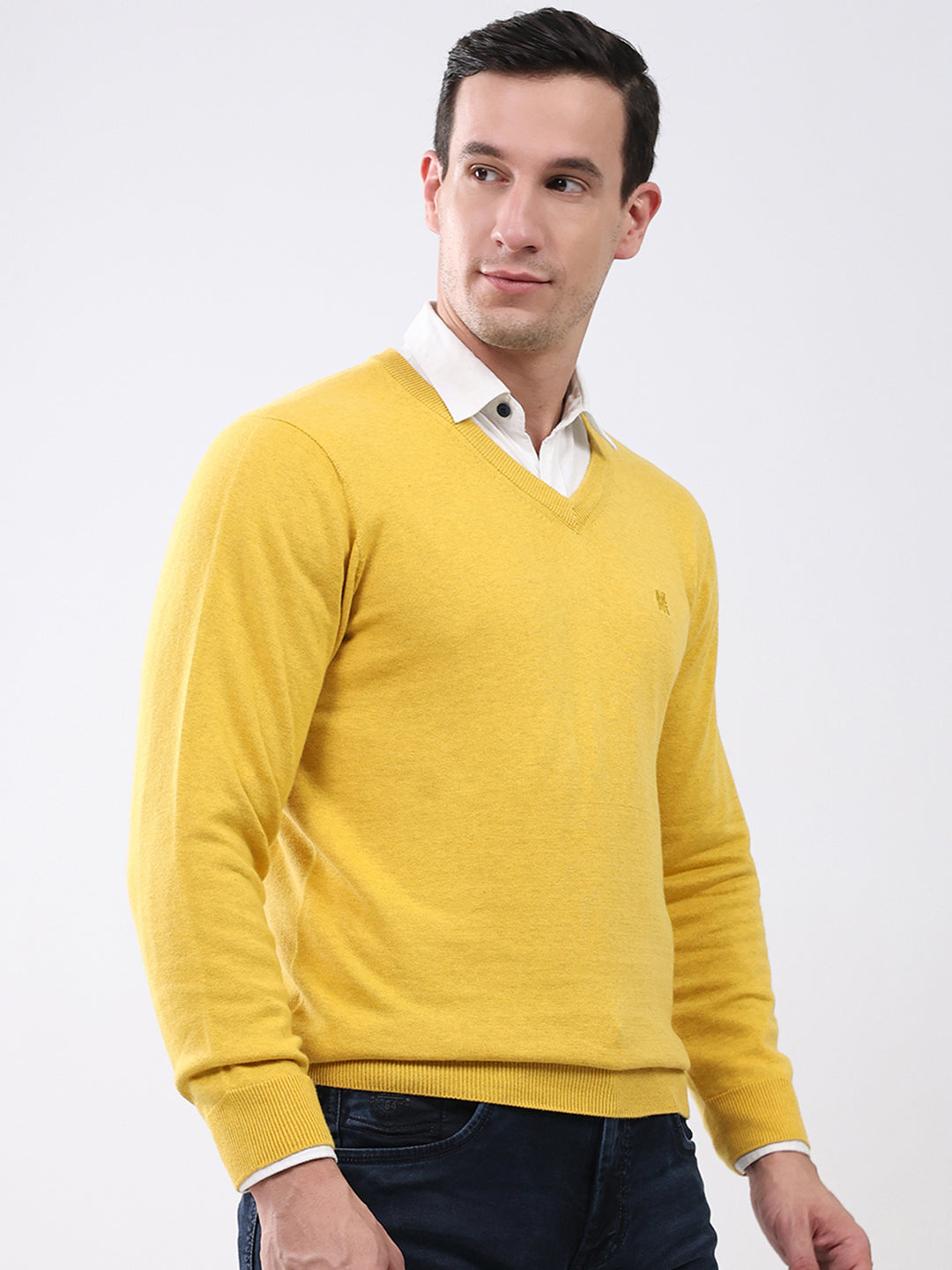 Men Yellow Solid V Neck Full Sleeve Pullover