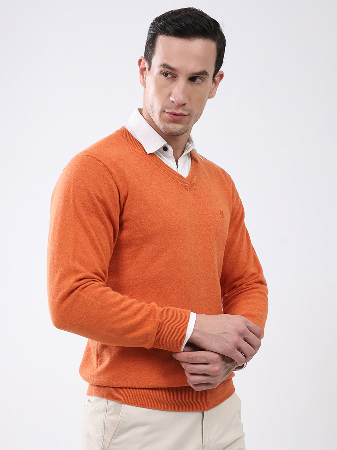 Men Orange Solid V Neck Full Sleeve Pullover