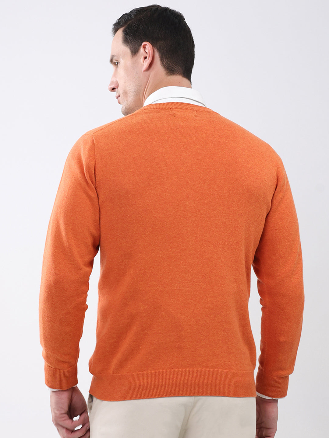 Men Orange Solid V Neck Full Sleeve Pullover