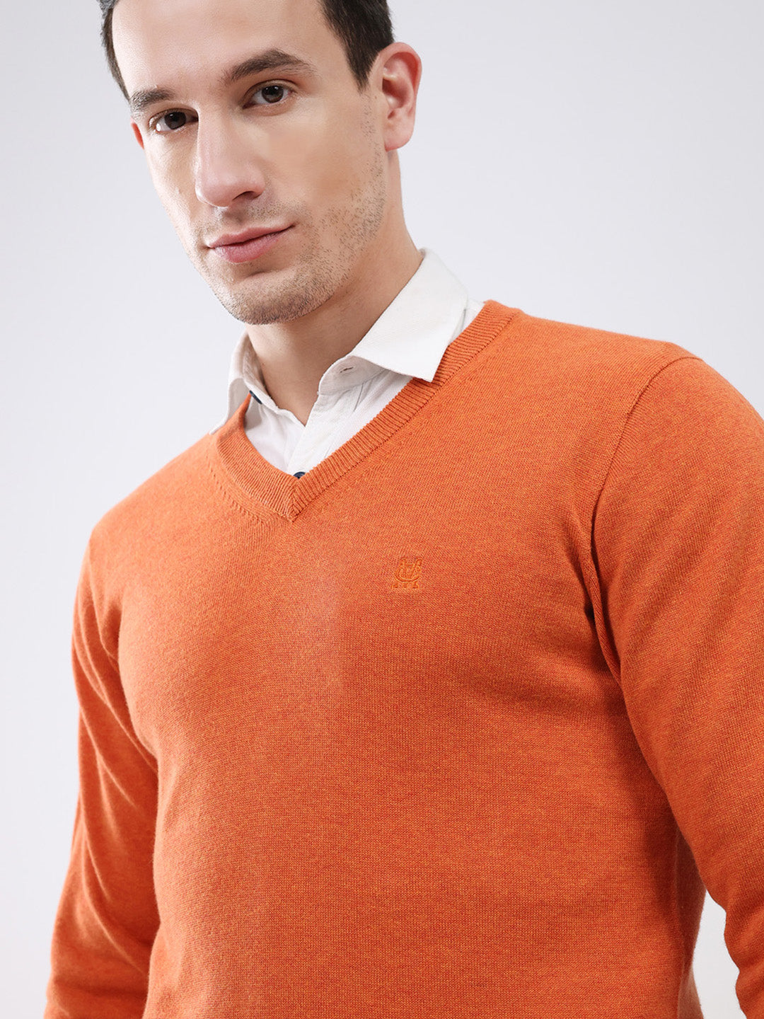 Men Orange Solid V Neck Full Sleeve Pullover
