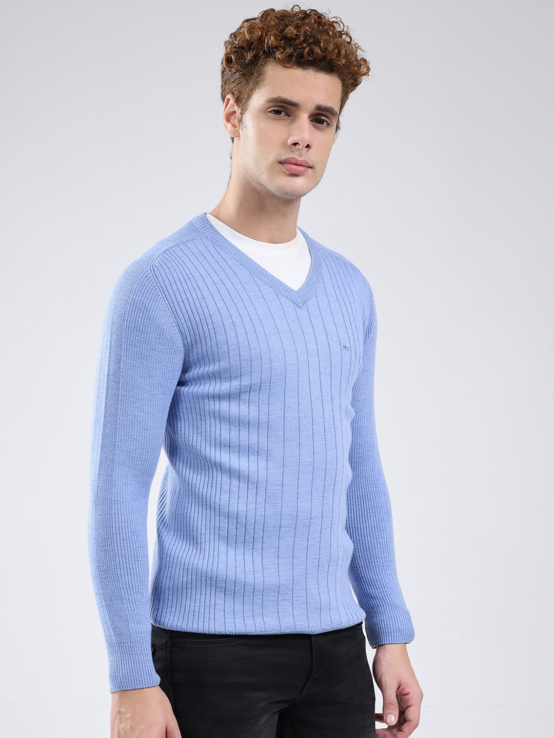 Men Blue Solid V Neck Full Sleeve Pullover