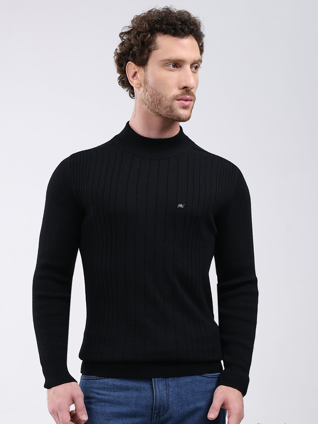 Men Black Solid Mock Neck Full Sleeve Pullover