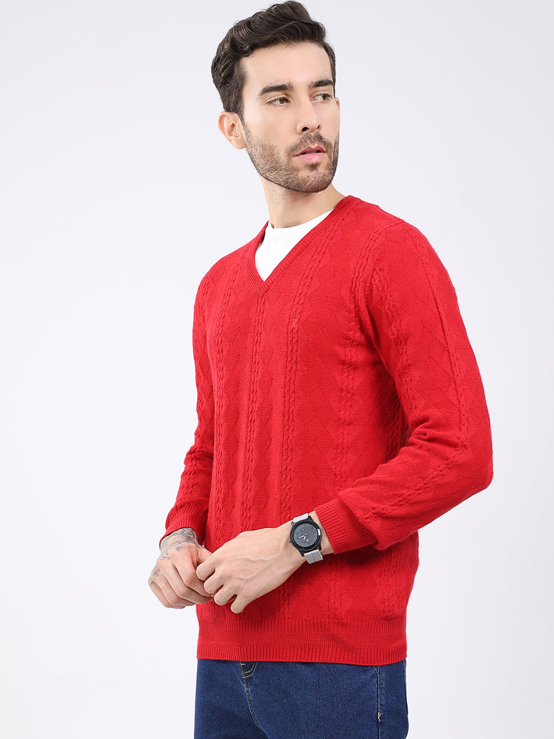Luxuria Men Red Self Design V Neck Full Sleeve Pullover