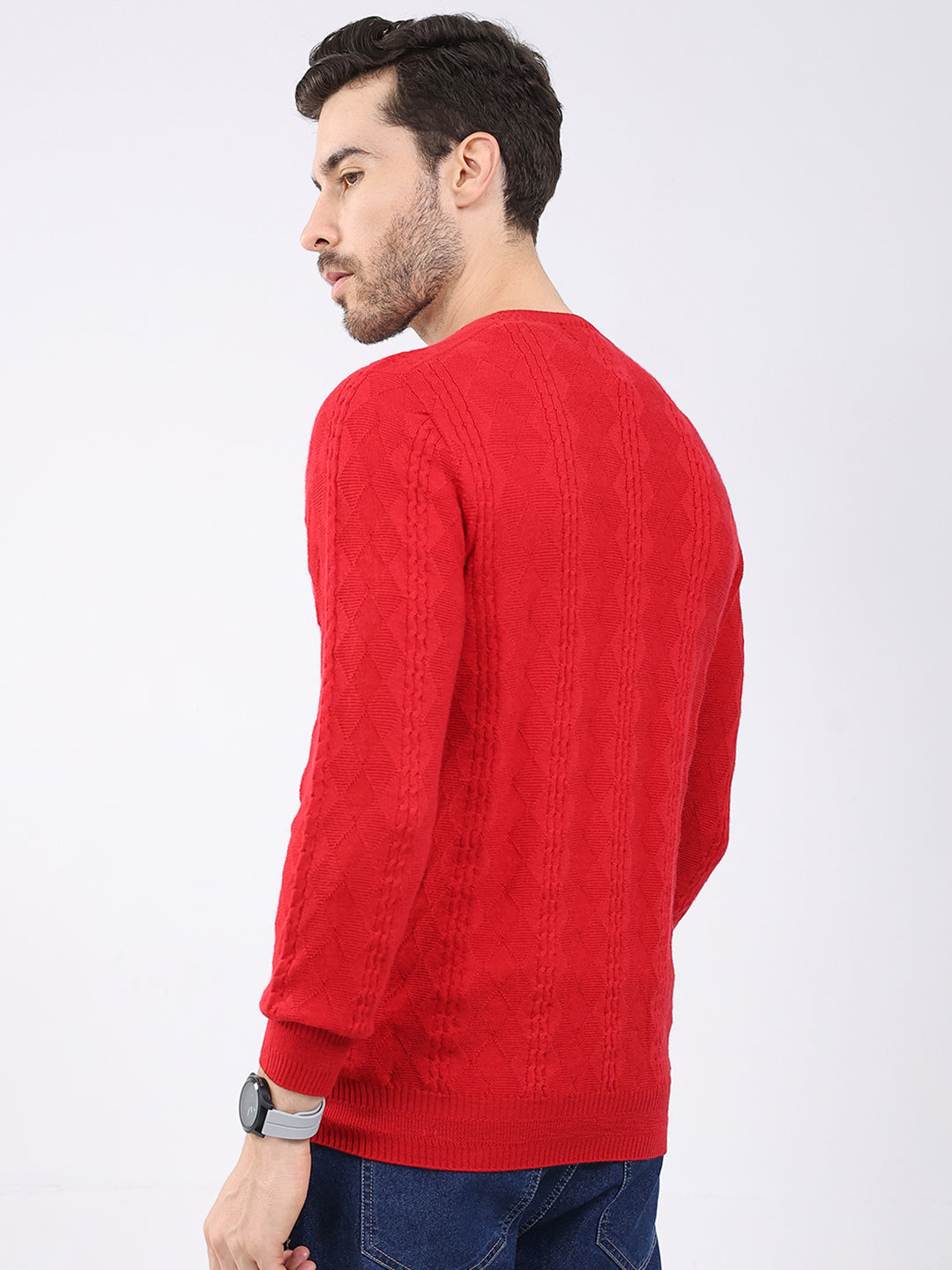 Luxuria Men Red Self Design V Neck Full Sleeve Pullover