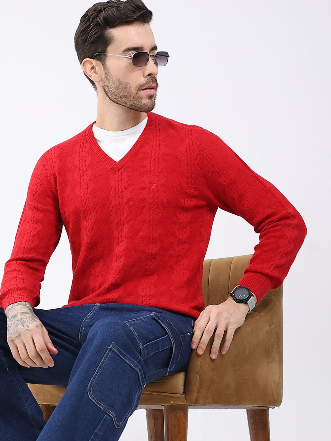 Luxuria Men Red Self Design V Neck Full Sleeve Pullover