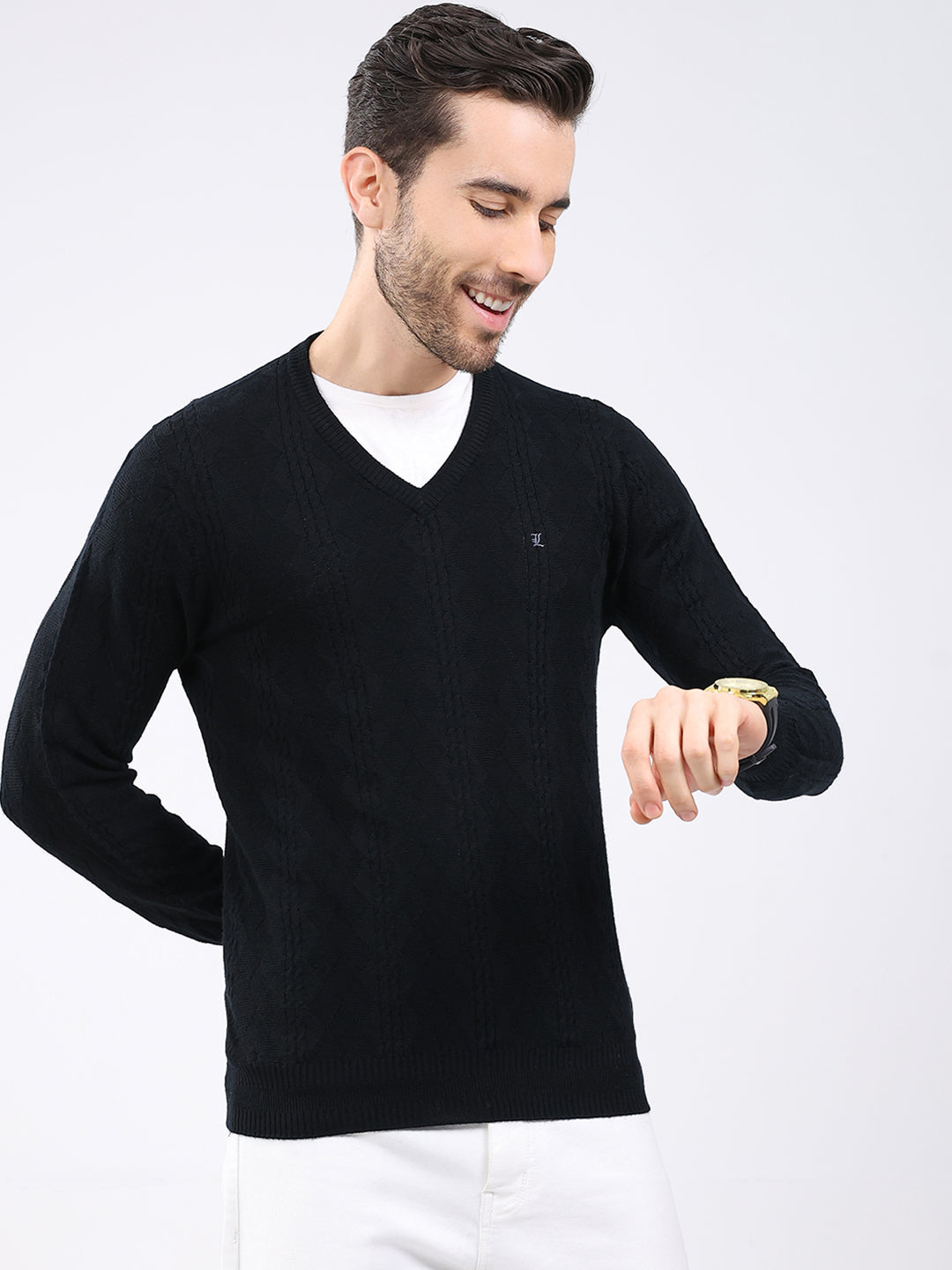 Luxuria Men Black Self Design V Neck Full Sleeve Pullover