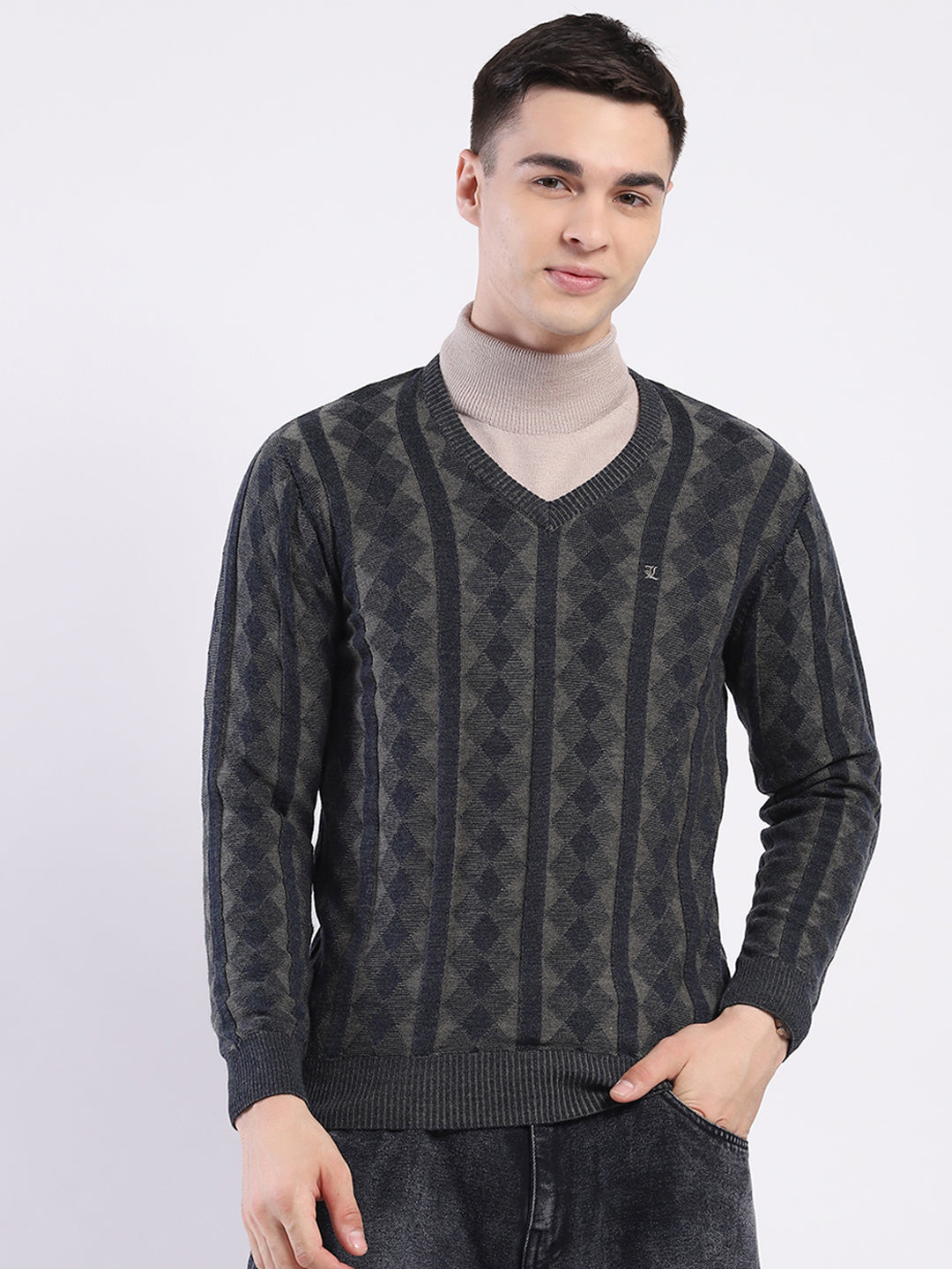 Luxuria Men Charcoal Self Design V Neck Full Sleeve Pullover