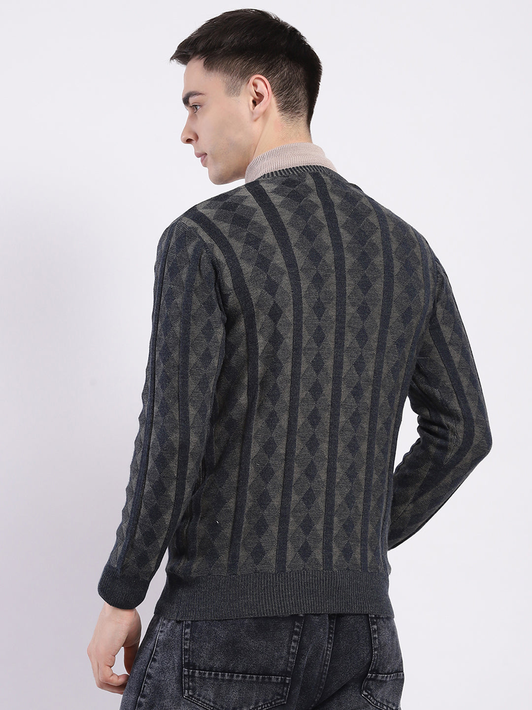 Luxuria Men Charcoal Self Design V Neck Full Sleeve Pullover