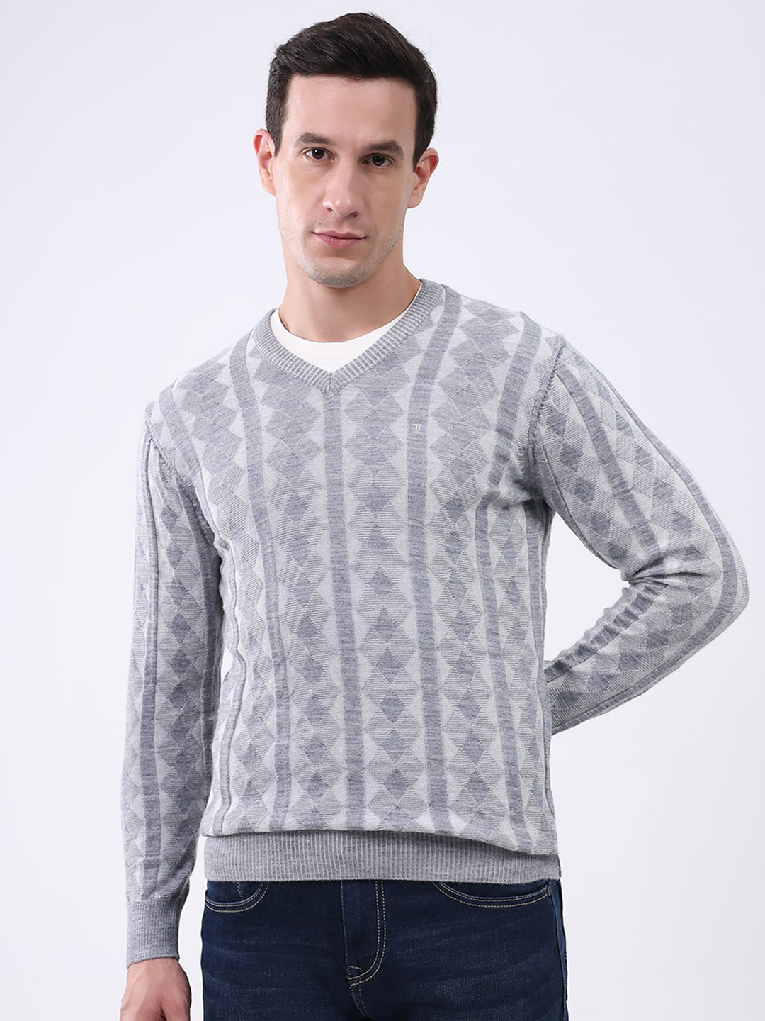 Luxuria Men Grey Stripe V Neck Full Sleeve Pullover