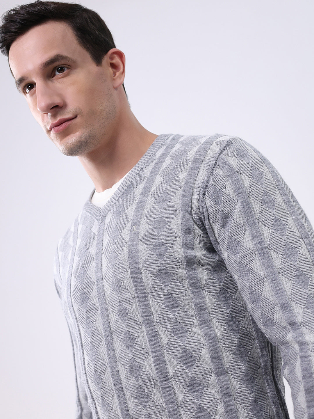 Luxuria Men Grey Stripe V Neck Full Sleeve Pullover