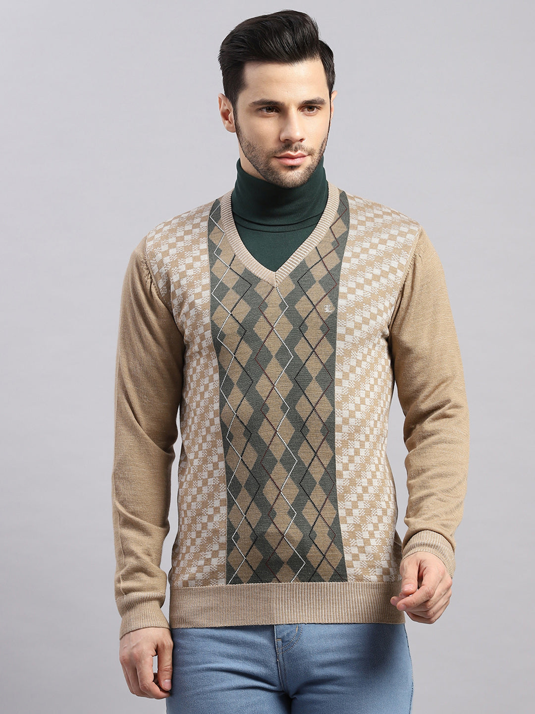 Luxuria Men Camel Brown Printed V Neck Full Sleeve Pullover