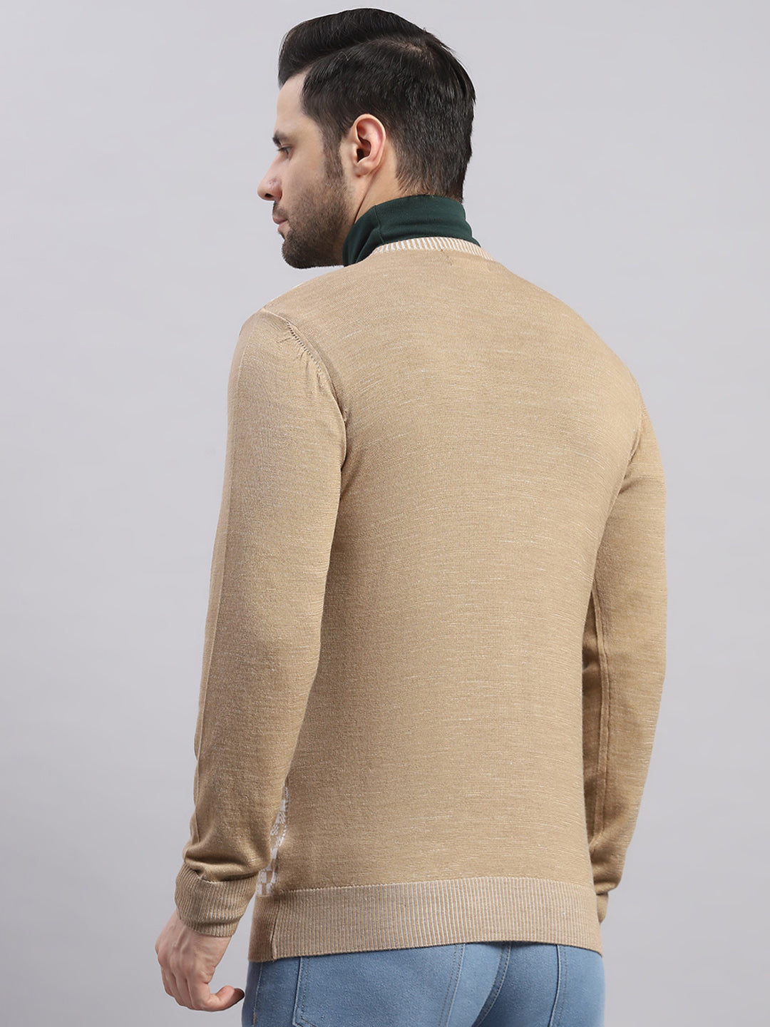 Luxuria Men Camel Brown Printed V Neck Full Sleeve Pullover