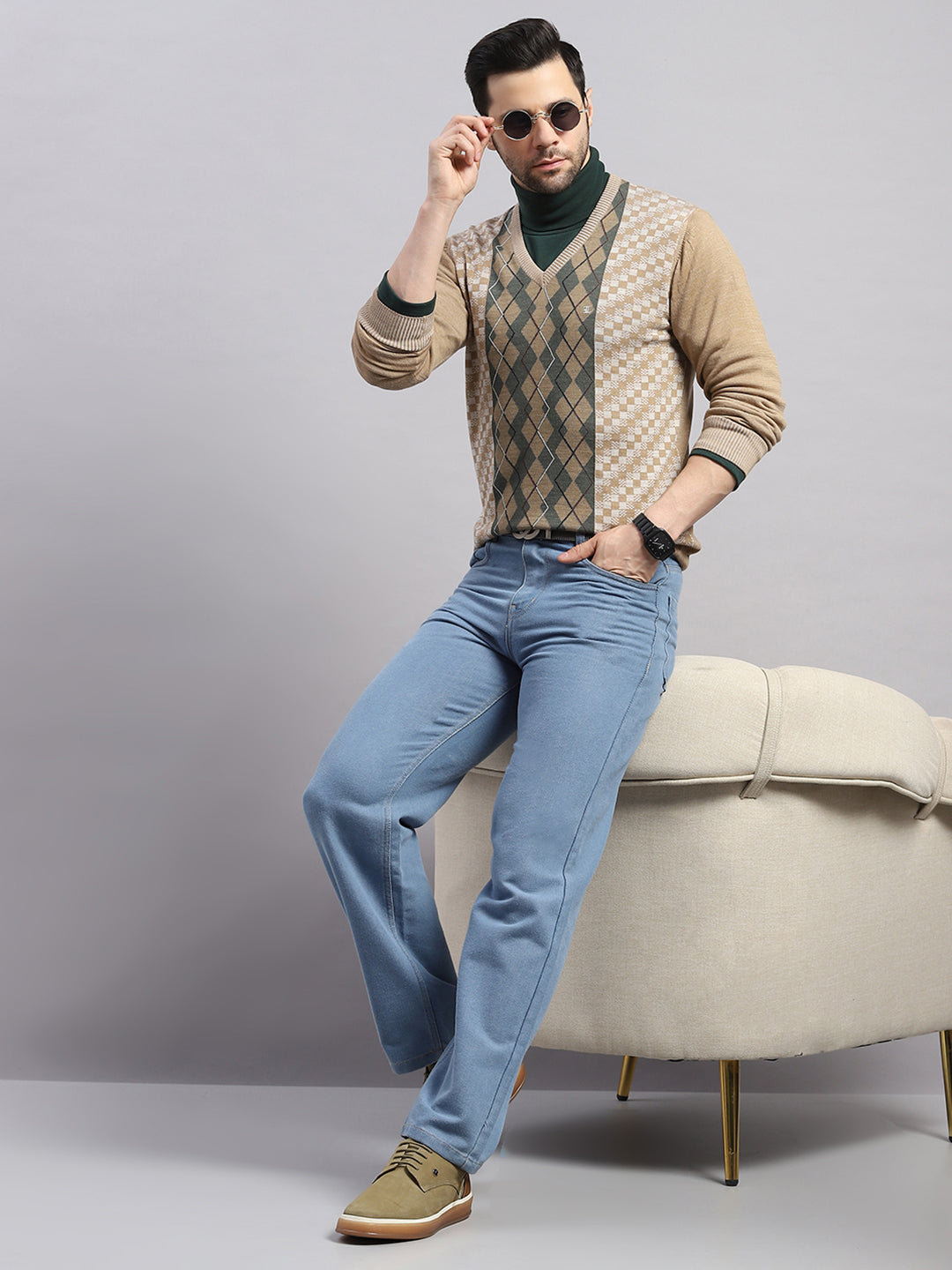 Luxuria Men Camel Brown Printed V Neck Full Sleeve Pullover