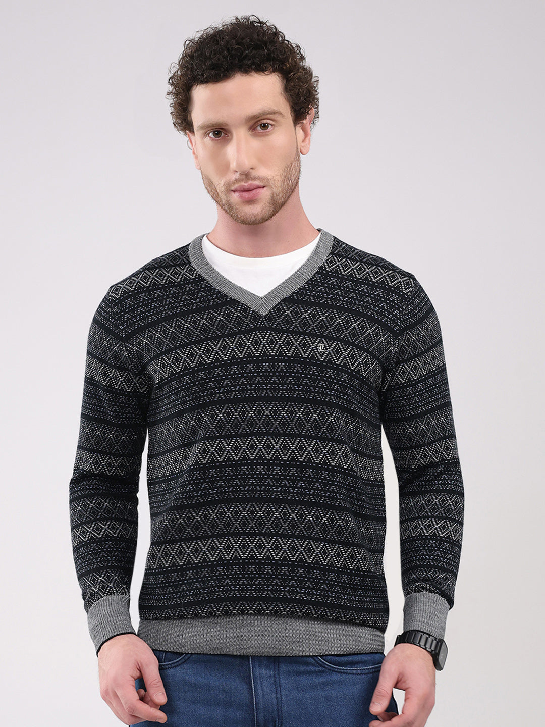 Luxuria Men Black Printed V Neck Full Sleeve Pullover