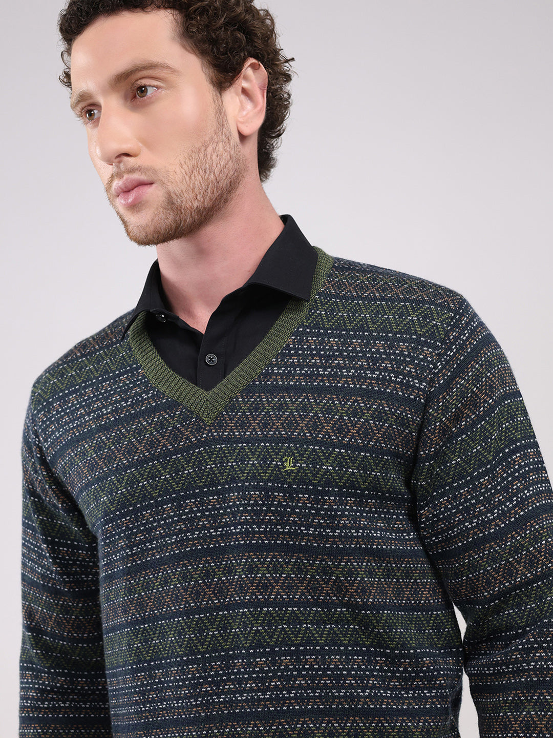 Luxuria Men Green Printed V Neck Full Sleeve Pullover