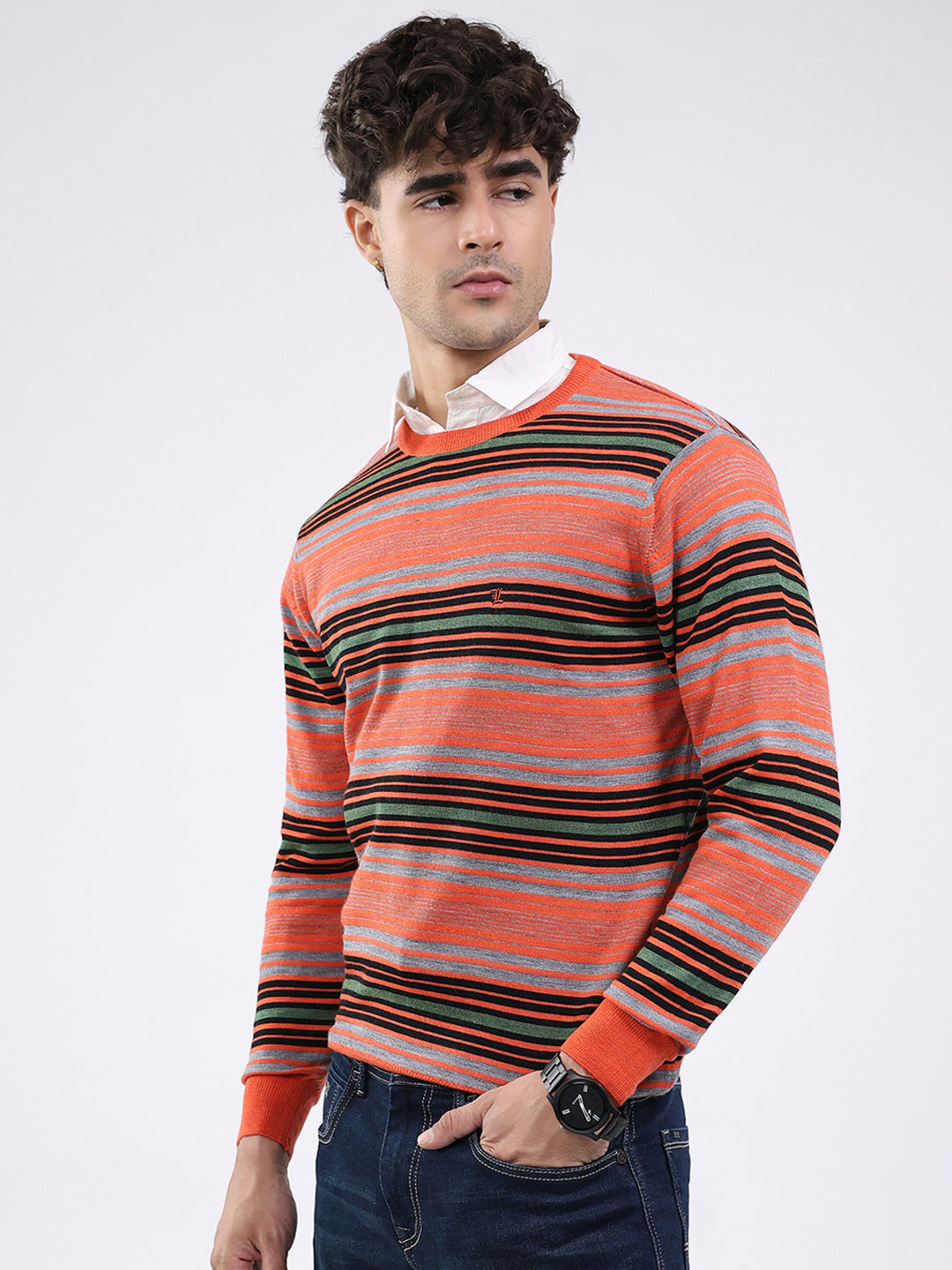 Luxuria Men Orange Self Design Round Neck Full Sleeve Pullover