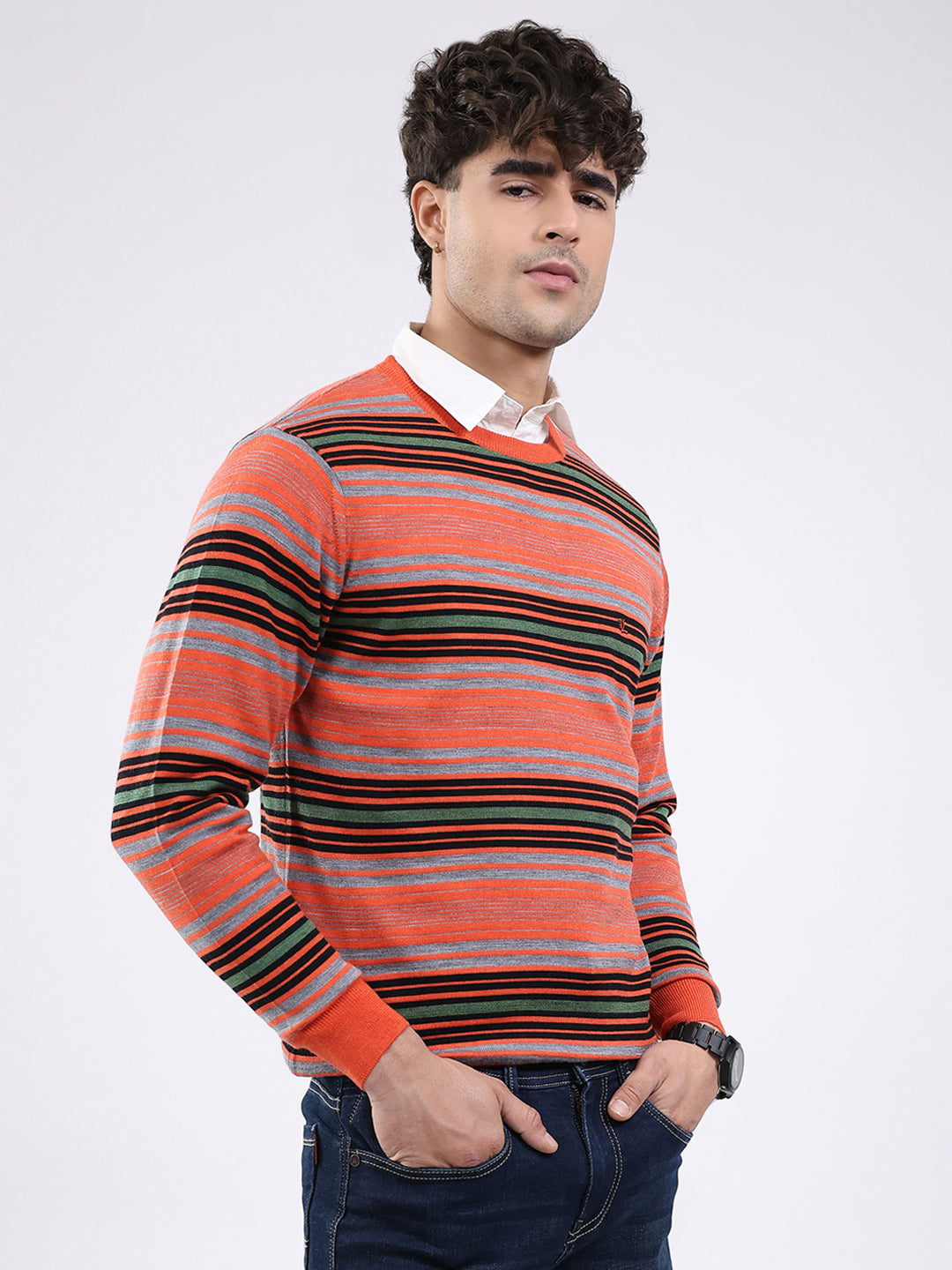 Luxuria Men Orange Self Design Round Neck Full Sleeve Pullover
