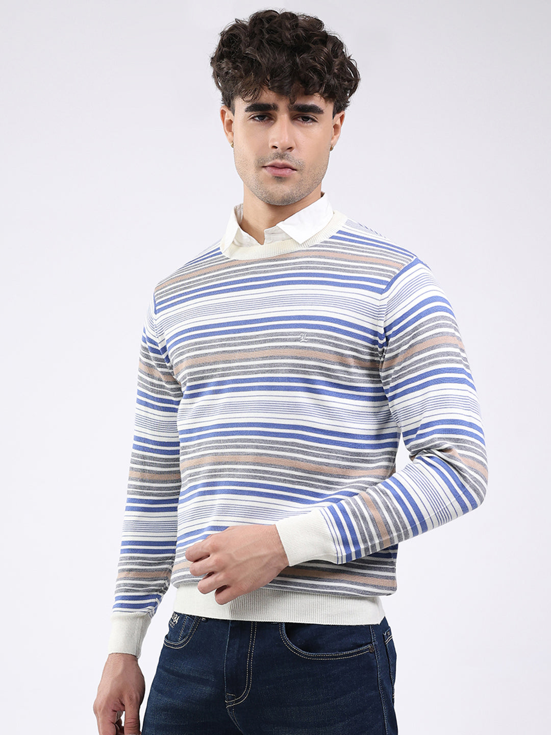 Luxuria Men Off White Self Design Round Neck Full Sleeve Pullover