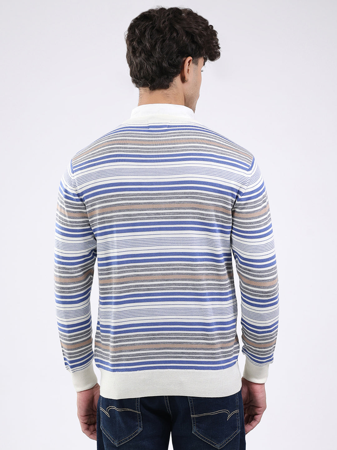 Luxuria Men Off White Self Design Round Neck Full Sleeve Pullover