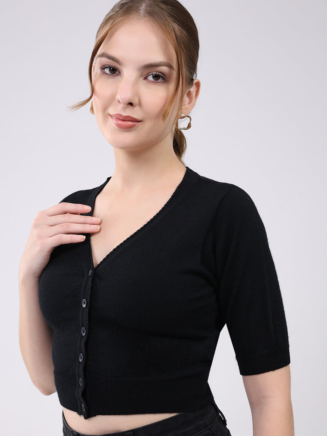 Women Black Solid Front Open Half Sleeve Cardigan