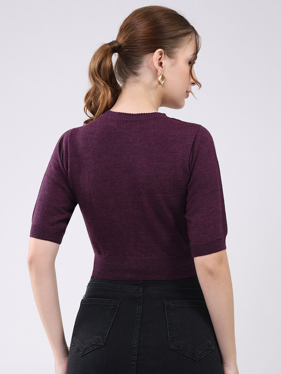 Women Maroon Solid Front Open Half Sleeve Cardigan