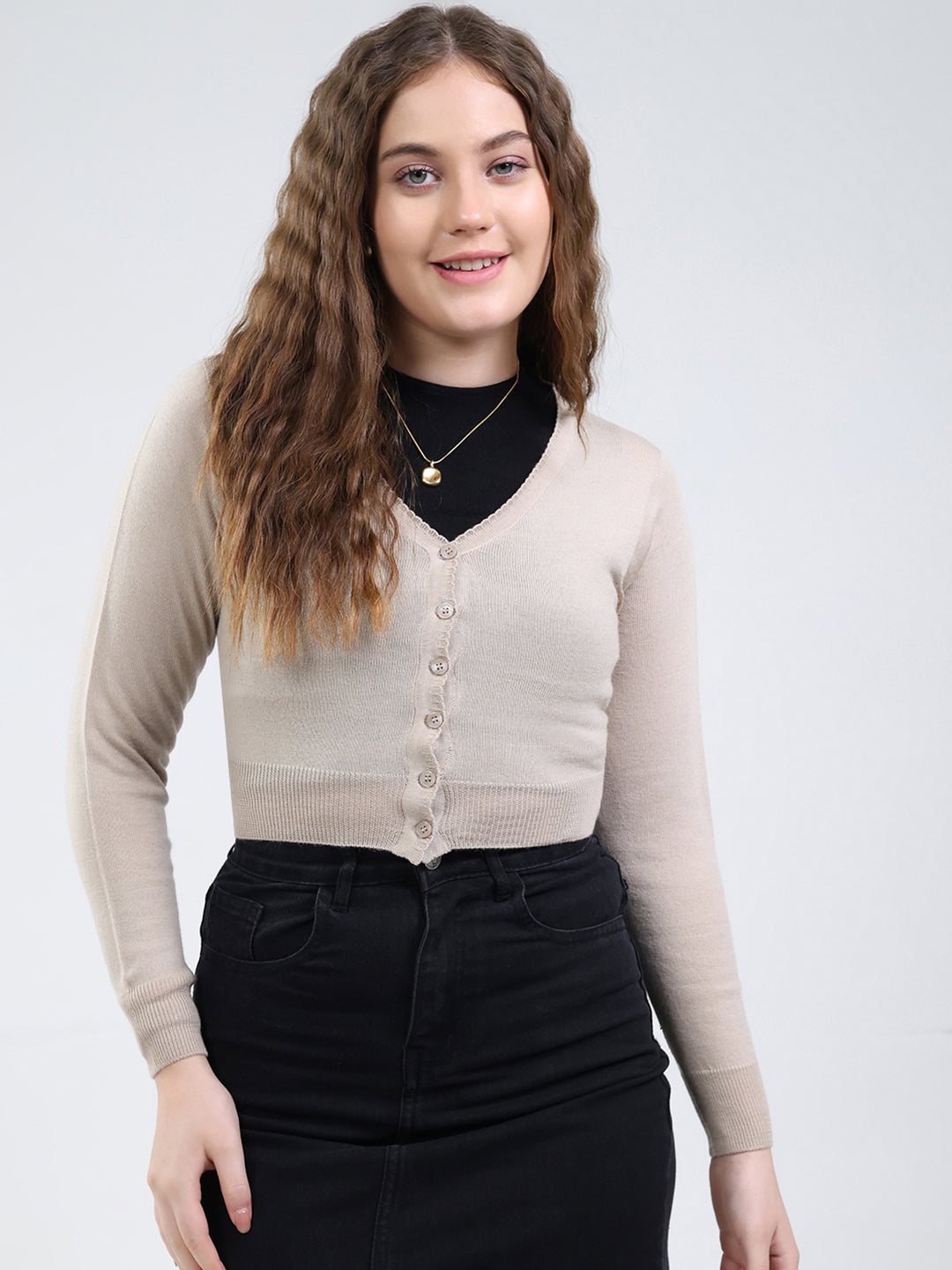 Women Beige Solid V Neck Full Sleeve Cardigan