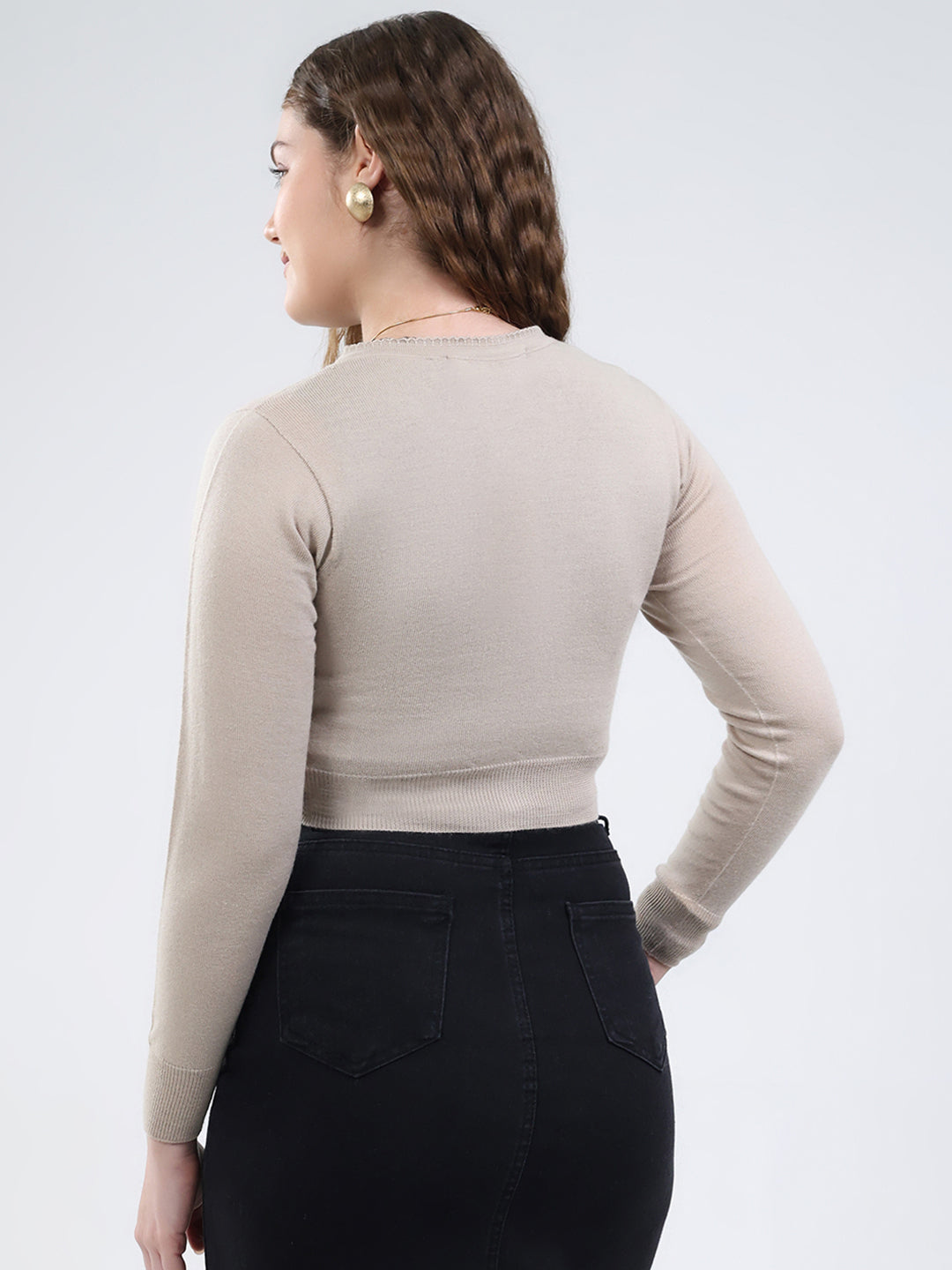 Women Beige Solid V Neck Full Sleeve Cardigan